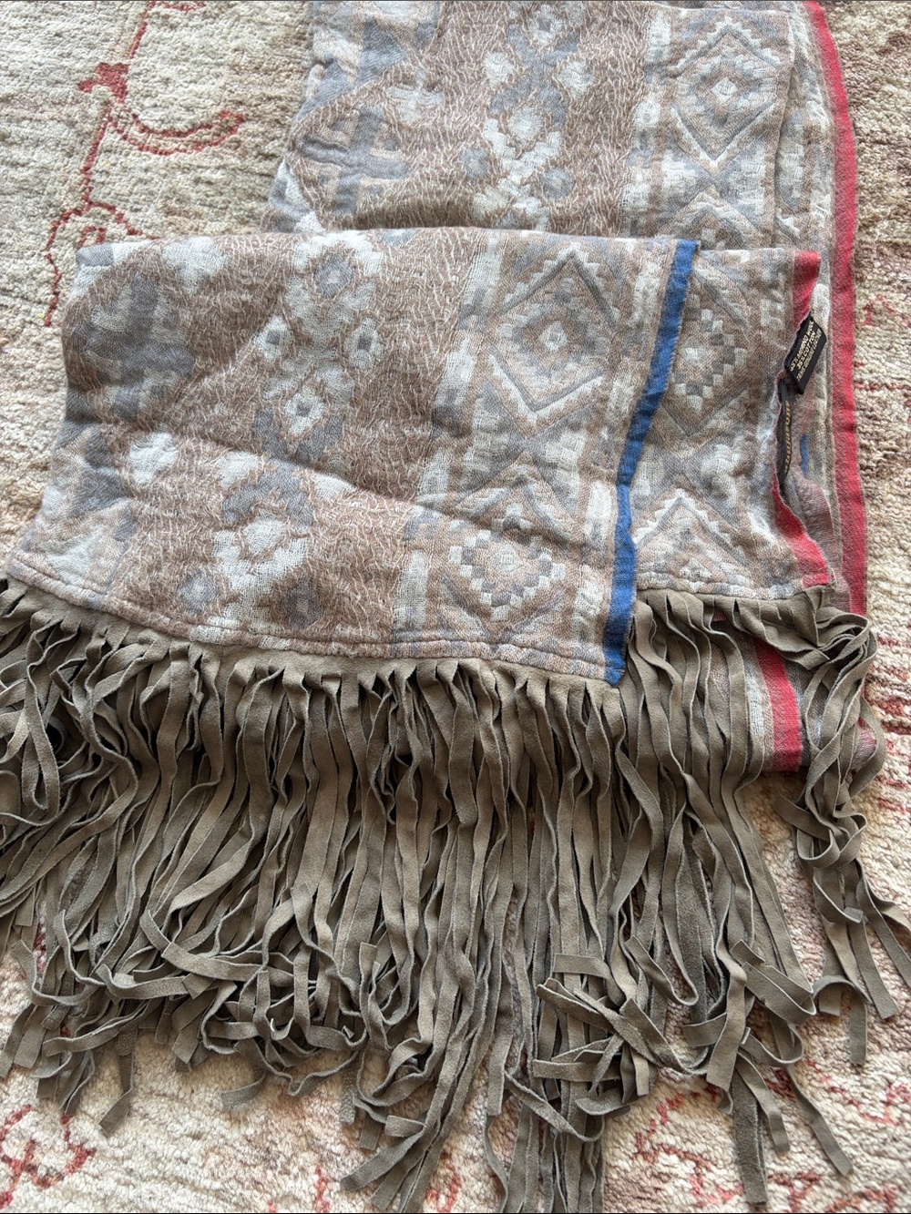 Fringed Taupe Patterned Shawl with Blue & Pink Trim